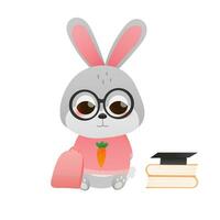 Cute little bunny studying in school, sitting with backpack, animal education concept for kids in cartoon style, adorable student vector