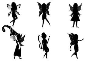 Set of silhouettes of flying fairies in different posses for kids on white background vector