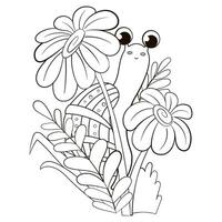 Coloring page with cute snail with daisy flowers in grass for kids vector