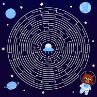 Children game, cosmic circle labyrinth for kids, held astronaut find way to spaceship, universe theme vector