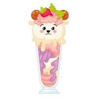 Tasty kawaii sheep shaped ice cream in glass with strawberry cartoon for summer vector