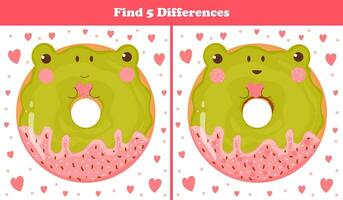 Educational find five differences puzzle for kids with cute animal donut - frog sweets in cartoon style, printable game for children books vector