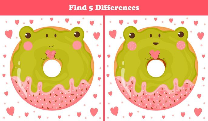 Educational find five differences puzzle for kids with cute animal donut - frog sweets in cartoon style, printable game for children books