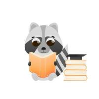 Childish cartoon raccoon character reading book, cute schooler studying,animal education in cartoon style, little bookworm vector