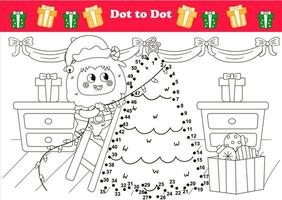 Cute winter holidays themed dot to dot game for kids with Yeti character decorating christmas tree with garland vector