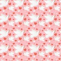 Lovely pink seamless patter fot valentines day for wrapping paper or wallpaper in cartoon style with animal characters doves and hearts vector
