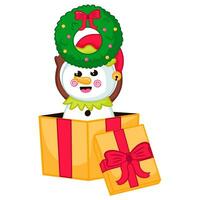 Cute snowman character in elf costume holding christmas wreath sitting in gift box in cartoon style vector