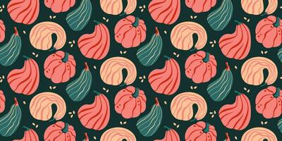 Seamless pattern with hand drawn pumpkins and seeds on dark background. Autumn, fall, thanksgiving decoration. vector