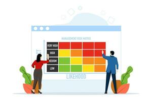 Risk management matrix concept with impact and probability, business team analyzes risk level by considering probability against severity of consequences categories. flat vector. vector