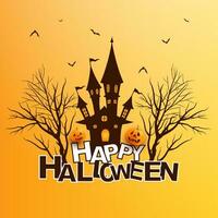 Happy halloween card background with flying bats above creepy tree and hunted house. Halloween text on yellow background vector