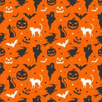 Seamless halloween pattern background illustration with ghost pumpkins and with on orange background vector