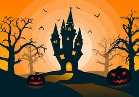 Happy halloween background illustration with creepy night landscape of dead trees with big moon and scary haunted house vector