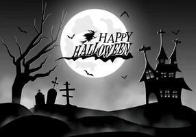 Halloween black and white background with glowing fog on landscape and halloween haunted castle with full moon vector