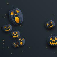 Happy halloween dark card background illustration with realistic pumpkin face and flying bats vector
