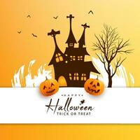 Happy halloween card grunge brush stroke background illustration with haunted castle and pumpkins vector