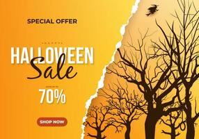 Halloween torn paper horizontal banner template for promotion with creepy dead trees vector