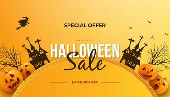 Halloween horizontal sale banner header with halloween haunted house dead tree and realistic pumpkins vector