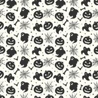 Black and white seamless halloween pattern background with ghosts skulls bats pumpkins and spiderwebs vector