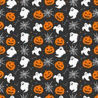 Happy halloween pattern with ghosts bones bats pumpkins and spiderwebs isolated on dark background vector