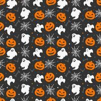 Happy halloween pattern with ghosts bones bats pumpkins and spiderwebs isolated on dark background vector