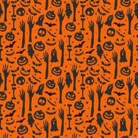 Happy halloween seamless pattern background design with pumpkins flying bats scary face ghost and skulls vector
