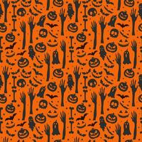 Happy halloween seamless pattern background design with pumpkins flying bats scary face ghost and skulls vector