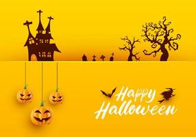 Happy halloween realistic background with hunted house pumpkins hand halloween trees isolated in yellow vector