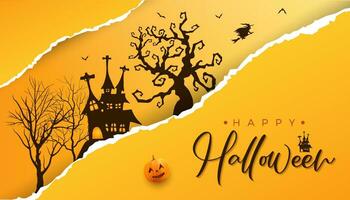 Happy halloween torn paper effect background with creepy dead tree and halloween house and halloween text vector