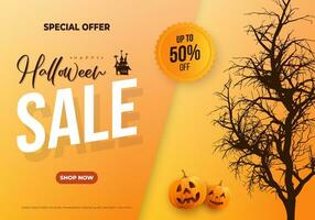 Happy halloween sale banner illustration with creepy dead tree and pumpkins. Sale discount label vector