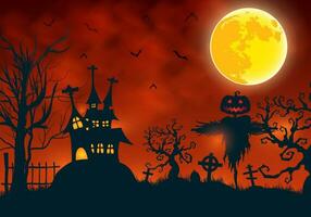 Background illustration of halloween with creepy scarecrow and scary haunted house against a full moon with red spooky cloud vector