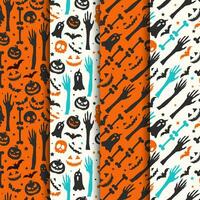 Halloween seamless patterns collection. Halloween pattern with pumpkins flying bats scary face ghost and skulls vector