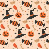 Halloween pattern with witch hat and halloween candy. Halloween seamless pattern vector