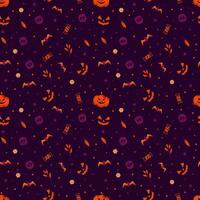 Dark background Halloween pattern with pumpkin skull and bats for wrapping paper. vector