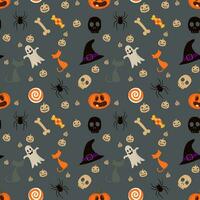 Halloween seamless pattern background illustration with pumpkins halloween candy and witch hat vector