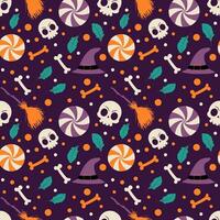 Halloween pattern background with halloween skull and candy on dark background vector