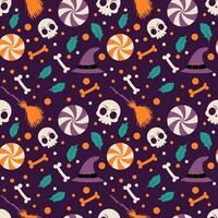 Halloween pattern background with halloween skull and candy on dark background vector