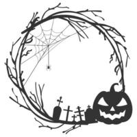 halloween black and white circular frame concept with tree branches and witch hat vector