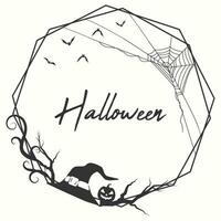 Halloween hexagonal frame border with spider net and halloween tree vector