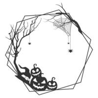 Víspera de Todos los Santos hexagonal marco frontera con araña red y Víspera de Todos los Santos árbol vector