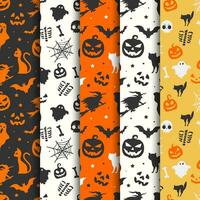 Halloween seamless patterns collection with ghosts cats pumpkins and witch vector