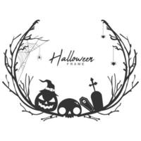 halloween black and white circular frame concept with tree branches and witch hat vector