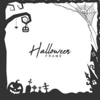 Halloween grunge frame border with creepy tree and haunted house vector