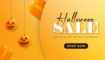 Sale banner for happy halloween with hanging realistic pumpkins. Horizontal Sale banner background vector