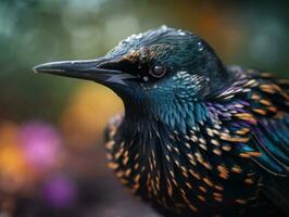 Starling bird portrait created with Generative AI technology photo