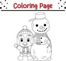 Christmas Snowman and penguin coloring page for kids vector