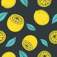 Cute bright and fun summer seamless pattern. Fresh lemon graphic drawing. Modern and trendy mix of colors yellow and black. Grunge texture illustration. vector