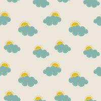 Hand drawn sun and cloud seamless pattern. Hand drawn textured lino cut style summer illustrations backdrop. Playful cute pinky wallpaper. vector