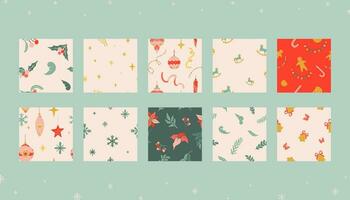 Vintage Christmas seamless pattern set. Colorful floral elements. Christmas decorations, snow ball, garlands, sock, ginger cookie, candies illustrations. vector