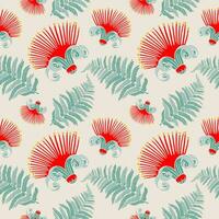 Hand drawn exotic tropical flower seamless pattern. Green fern leaves and red buds. vector