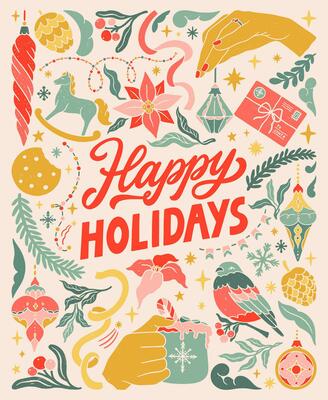 Happy Holidays. Vintage greeting card. Linocut typographic banner. Colorful floral elements. Christmas decorations, crackers, garlands, bell, ribbon bow, cocoa cup and sparklers illustrations.